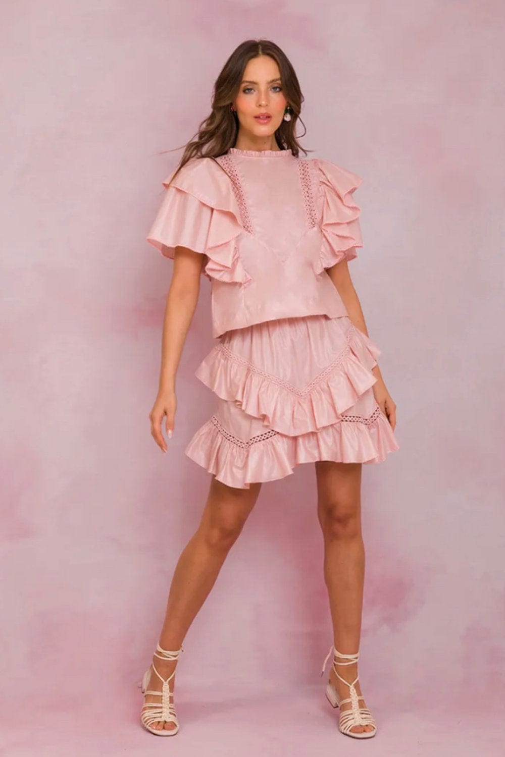 Lalibela - Blusa Manga Curta com Babados Rosa Claro