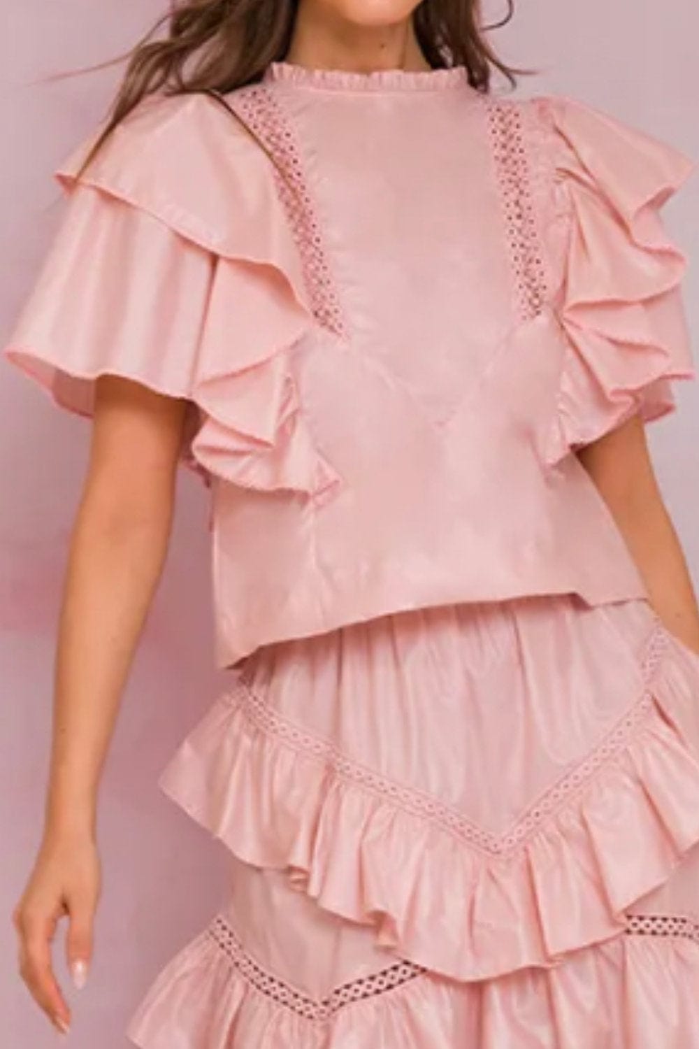 Lalibela - Blusa Manga Curta com Babados Rosa Claro