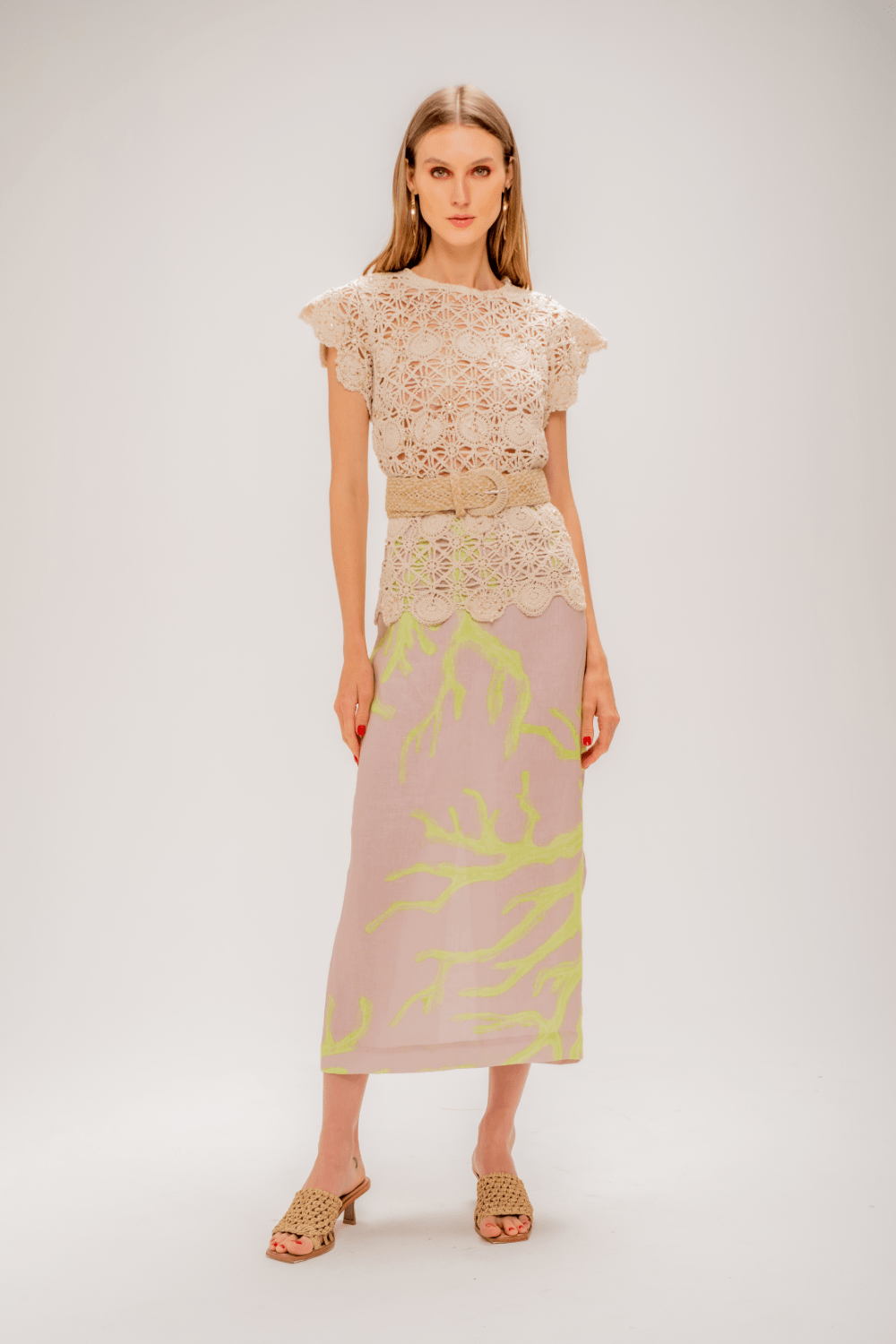 Yukio - Saia Midi Linho Estampada Light Coral Lime