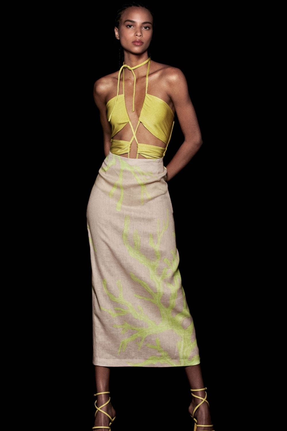 Yukio - Saia Midi Linho Estampada Light Coral Lime