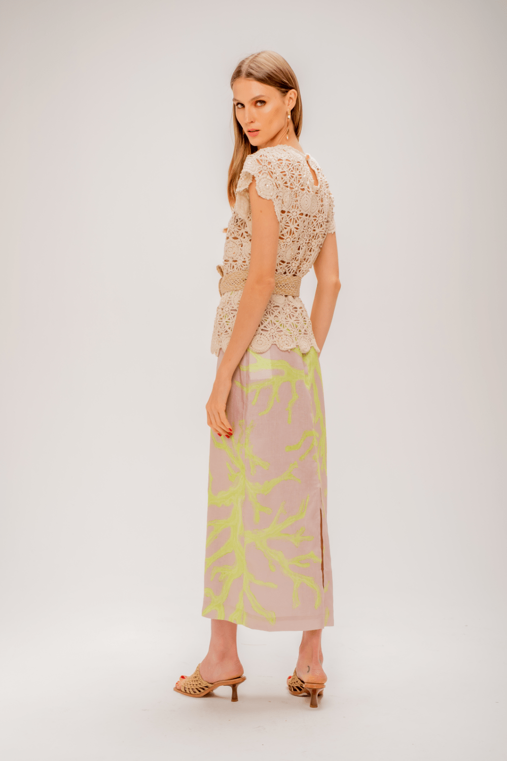 Yukio - Saia Midi Linho Estampada Light Coral Lime