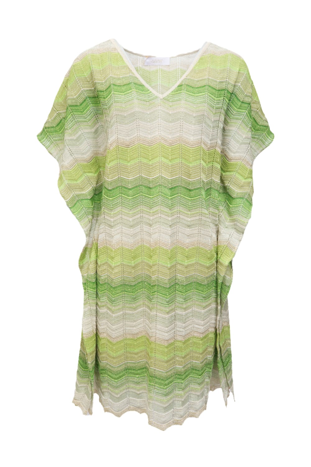Viviane Furrier - Vestido Curto Kaftan Decote V em Tricot Chevron Verde