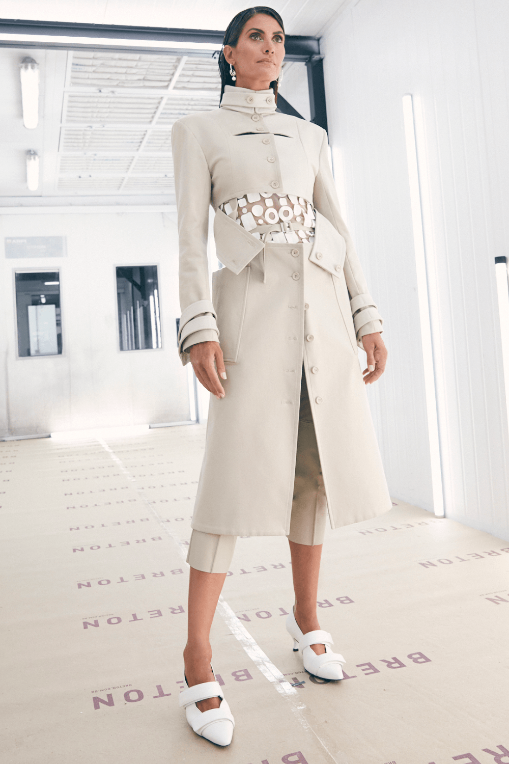 Glória Coelho - Sobretudo 7/8 Algodão com Couro Gelo