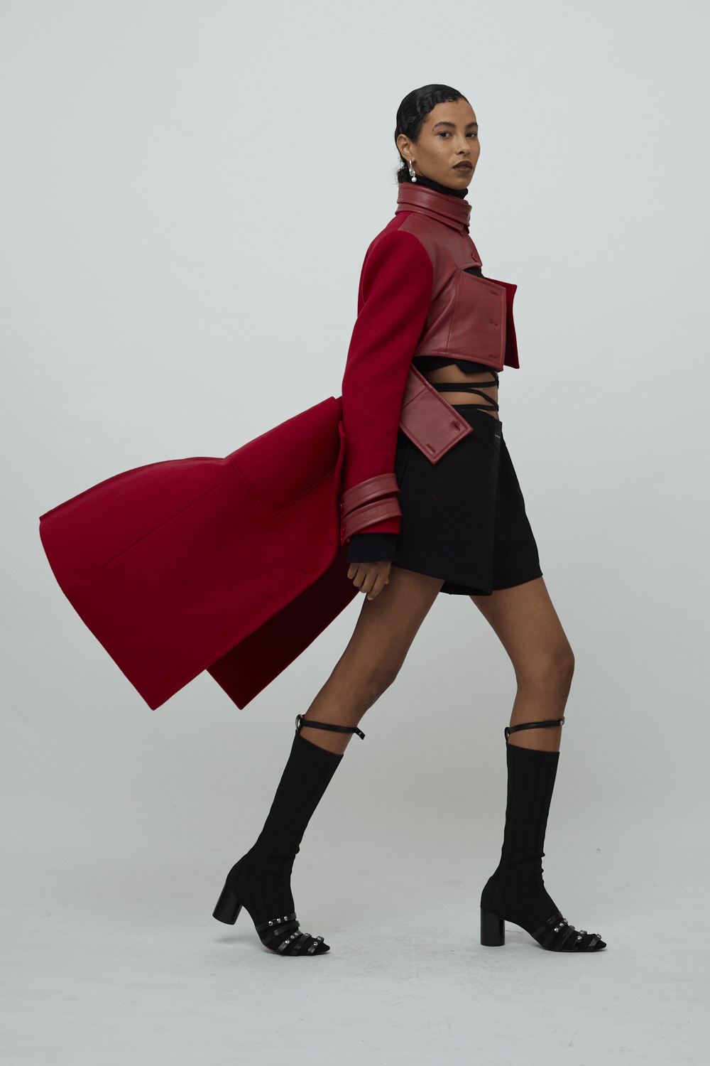 Glória Coelho - Sobretudo 7/8 de Lã e Couro Vermelho