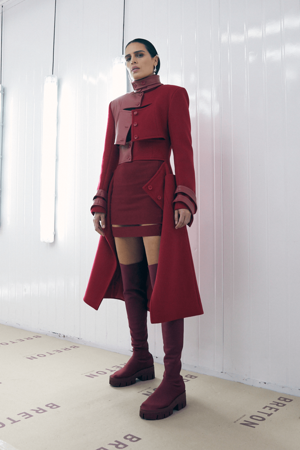 Glória Coelho - Sobretudo 7/8 de Lã e Couro Vermelho