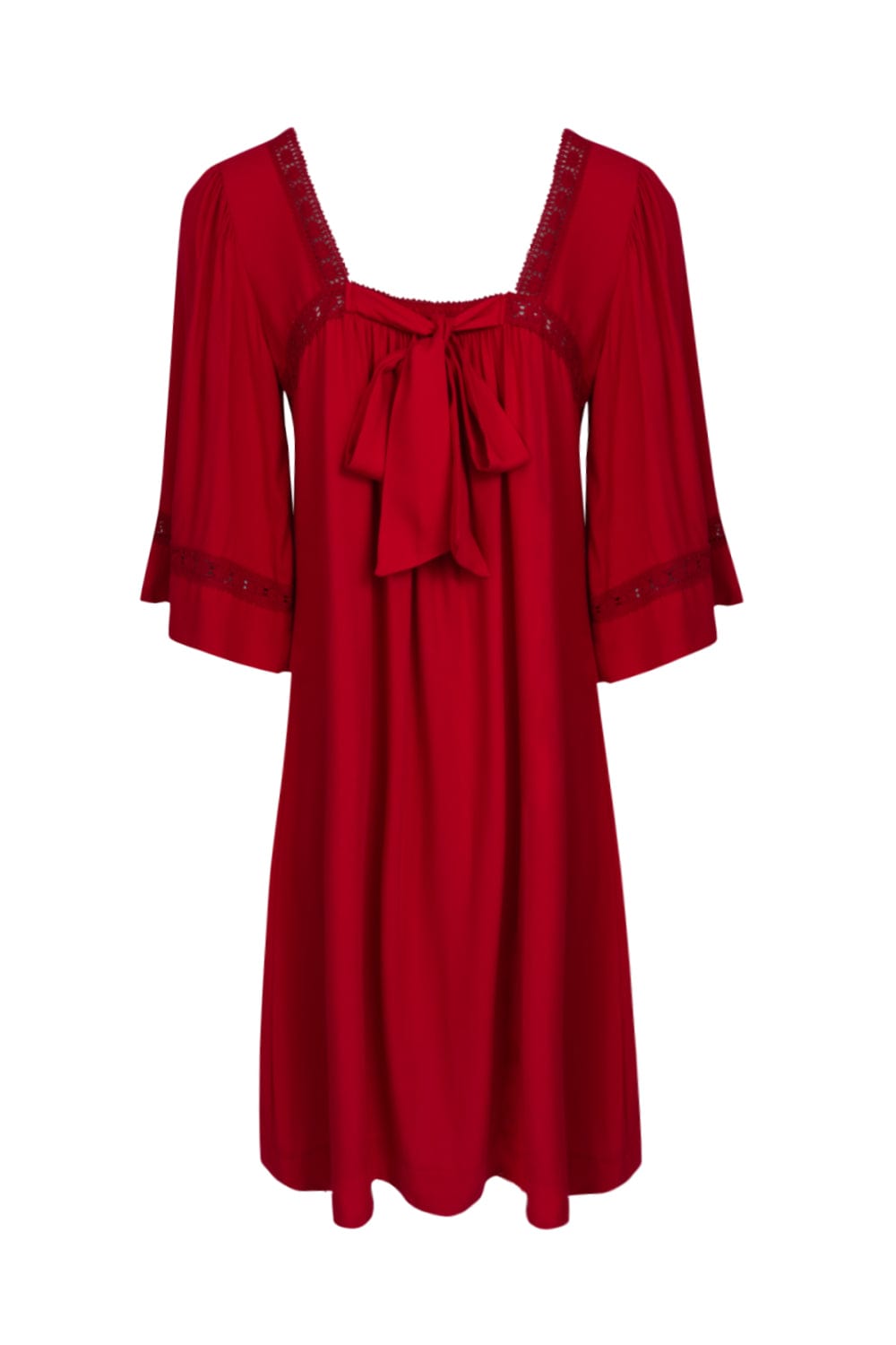 Lume - Vestido Curto Amplo Renda na Manga Decote Vermelho