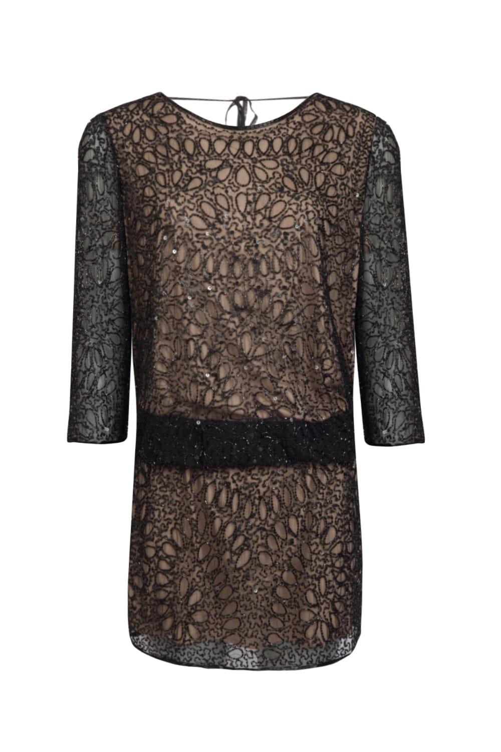 Marc Denis - Vestido Curto Bordado Manga 3/4 Blusado Preto