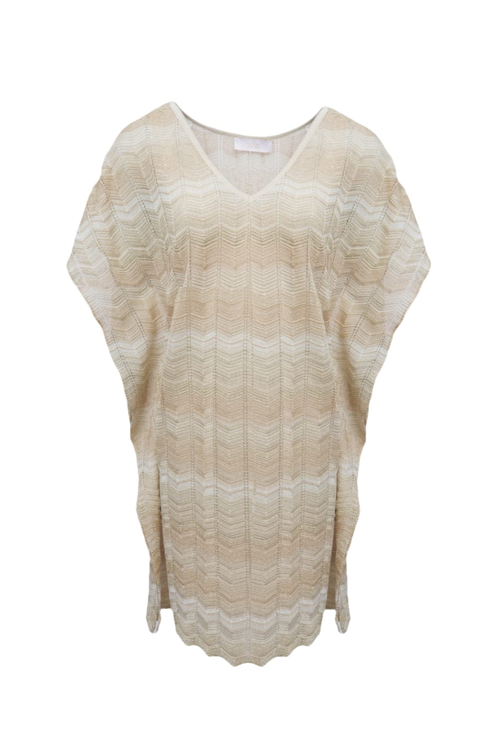 Viviane Furrier - Vestido Curto Kaftan Decote V em Tricot Chevron Dourado