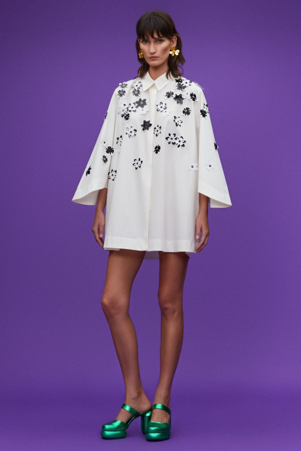 Coven - Vestido Mini Manga 3/4 Bordado Flor Off White
