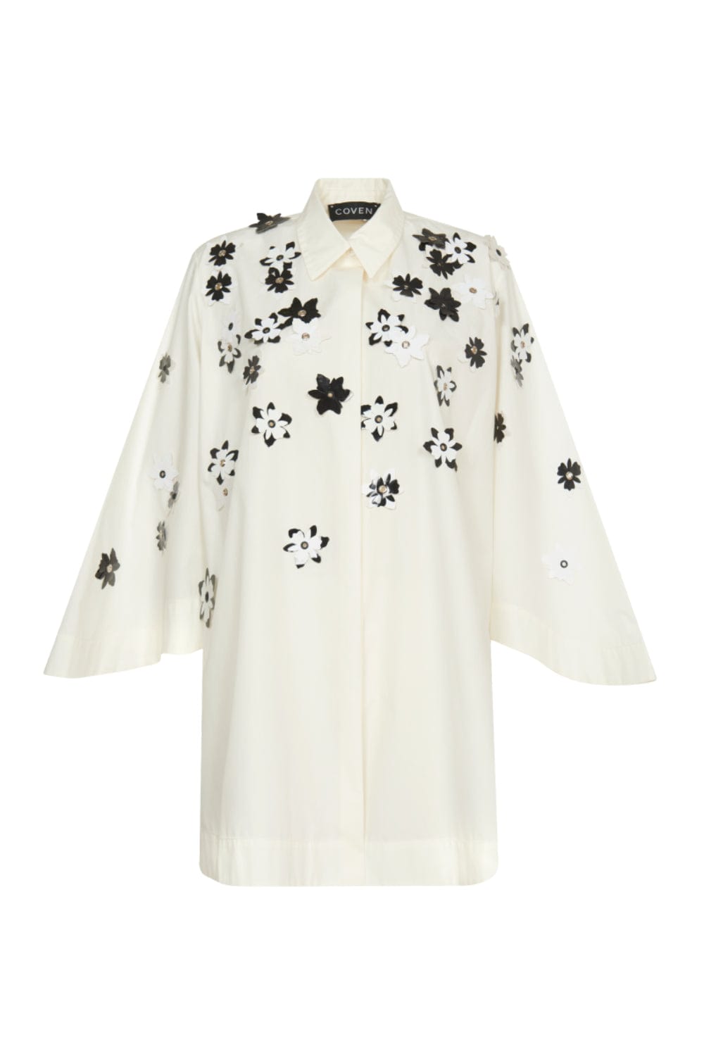 Coven - Vestido Mini Manga 3/4 Bordado Flor Off White