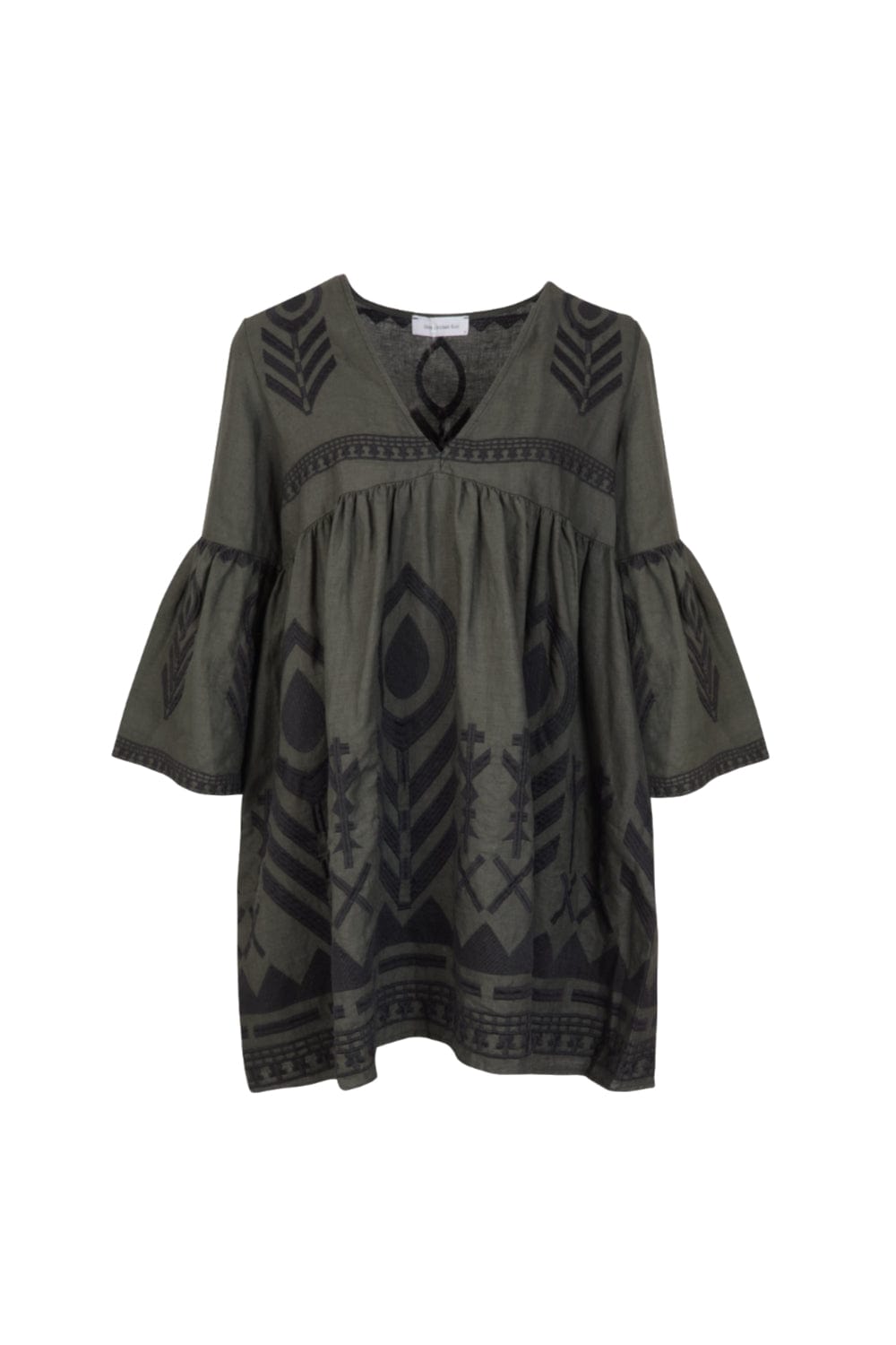 Greek Archaic Kori - Vestido Curto Manga Longa Linho Verde Escuro