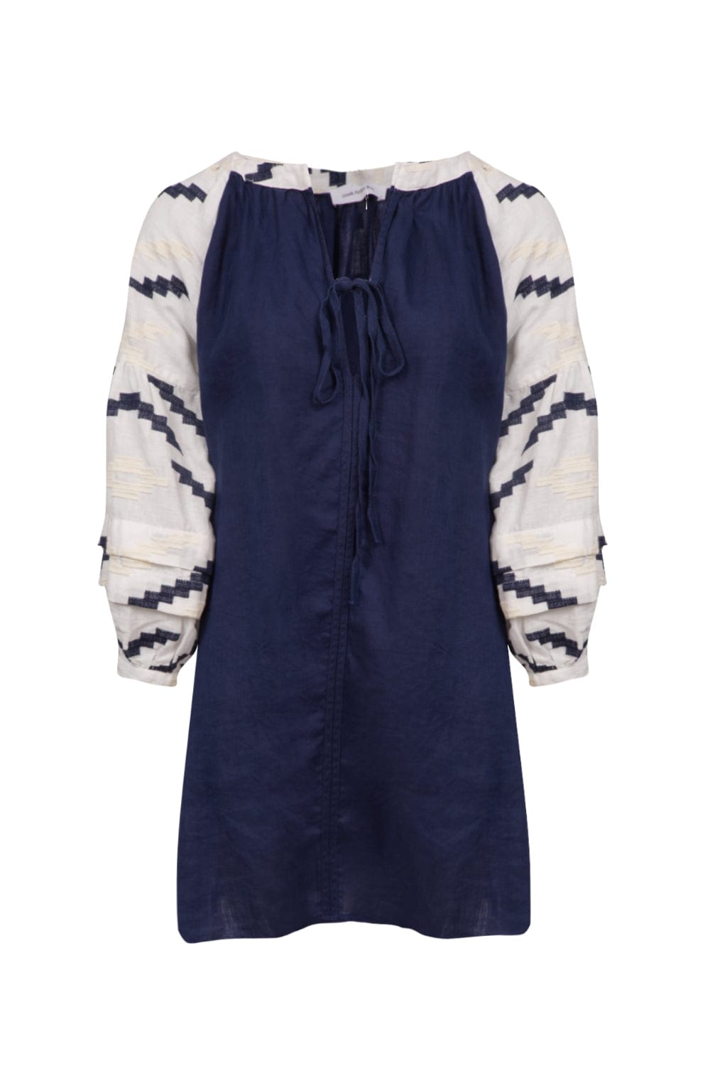 Greek Archaic Kori - Vestido Curto Manga Longa Linho Azul