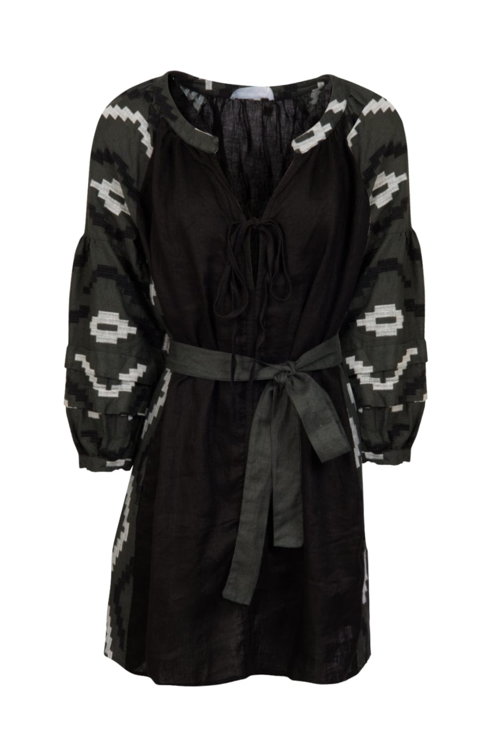 Greek Archaic Kori - Vestido Curto Manga Longa Linho Verde Escuro