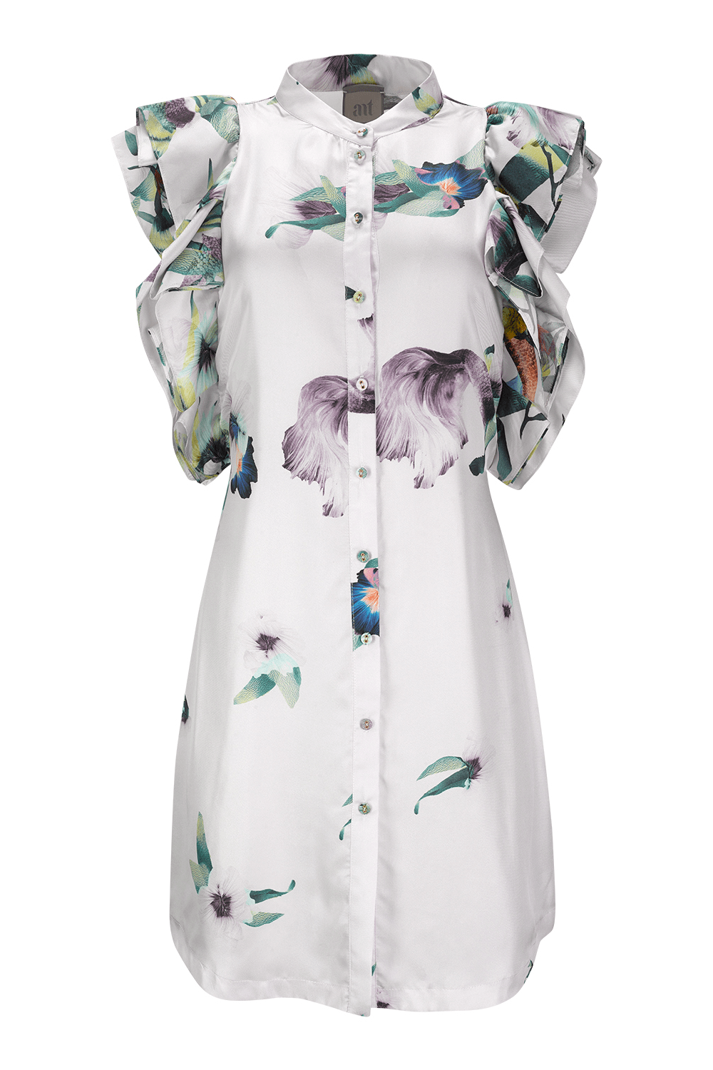 ANT - Vestido Curto Manga Ruffed de Seda