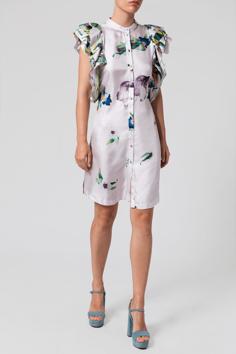 ANT - Vestido Curto Manga Ruffed de Seda