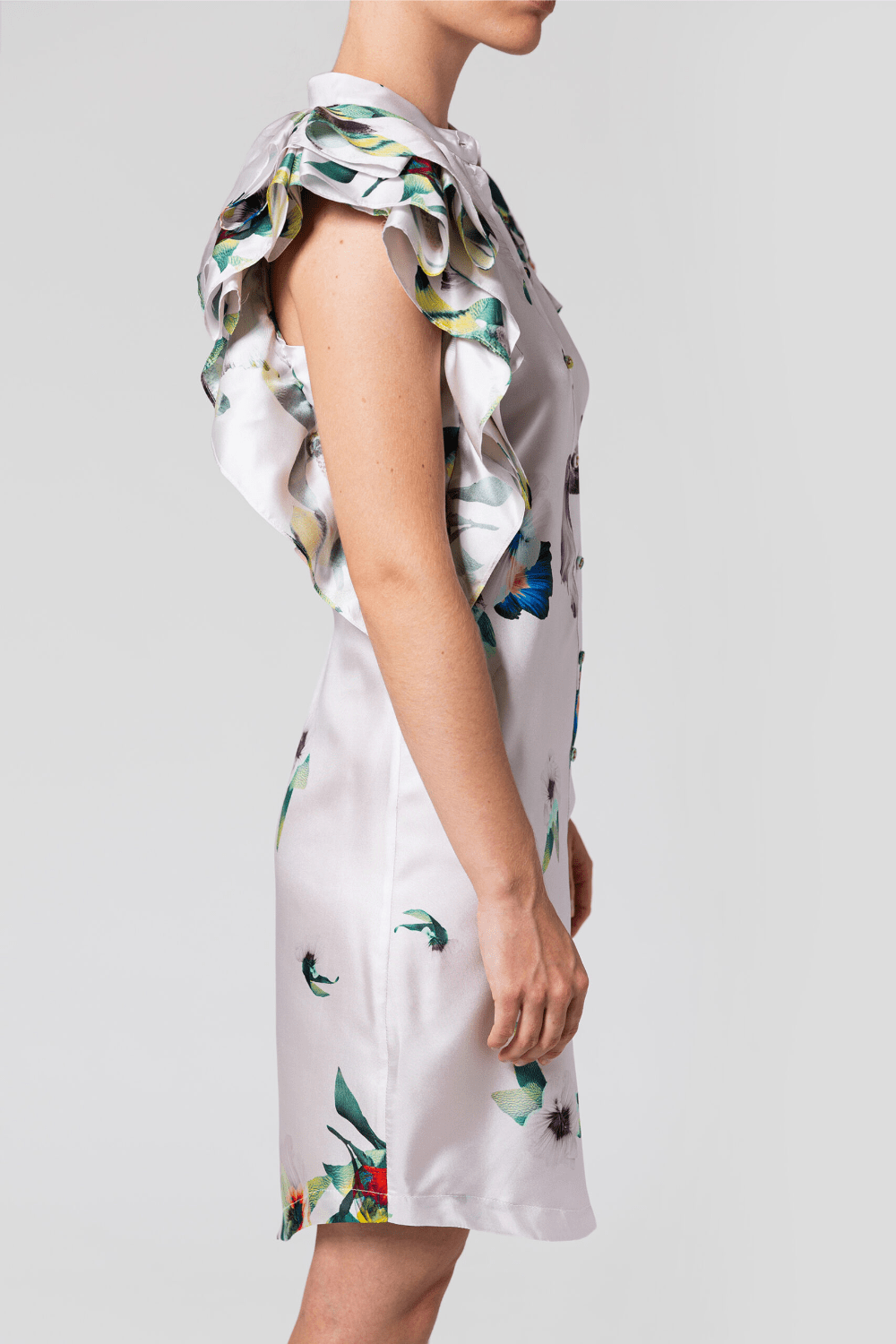 ANT - Vestido Curto Manga Ruffed de Seda