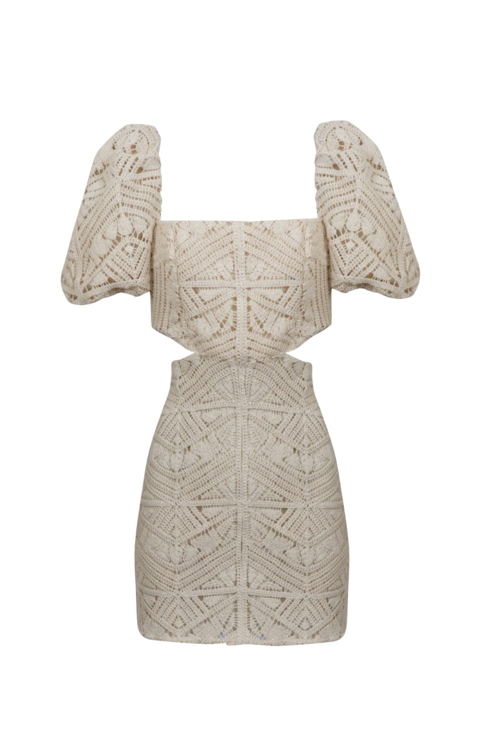 L'Cecci - Vestido Curto Renda Crochet com Manga Bufante Bege