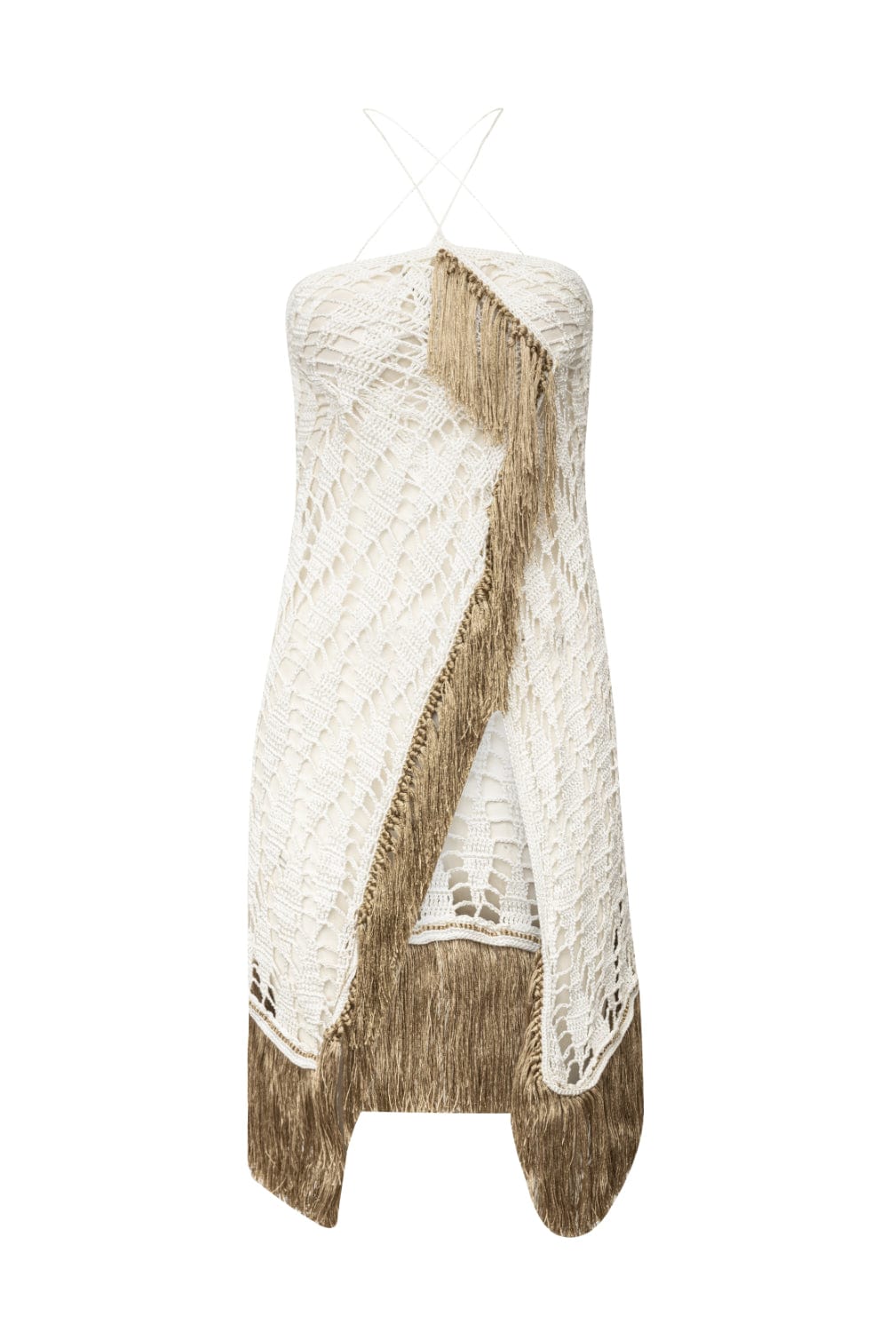 Andréa Almeida - Vestido Curto de Crochet Branco/Dourado