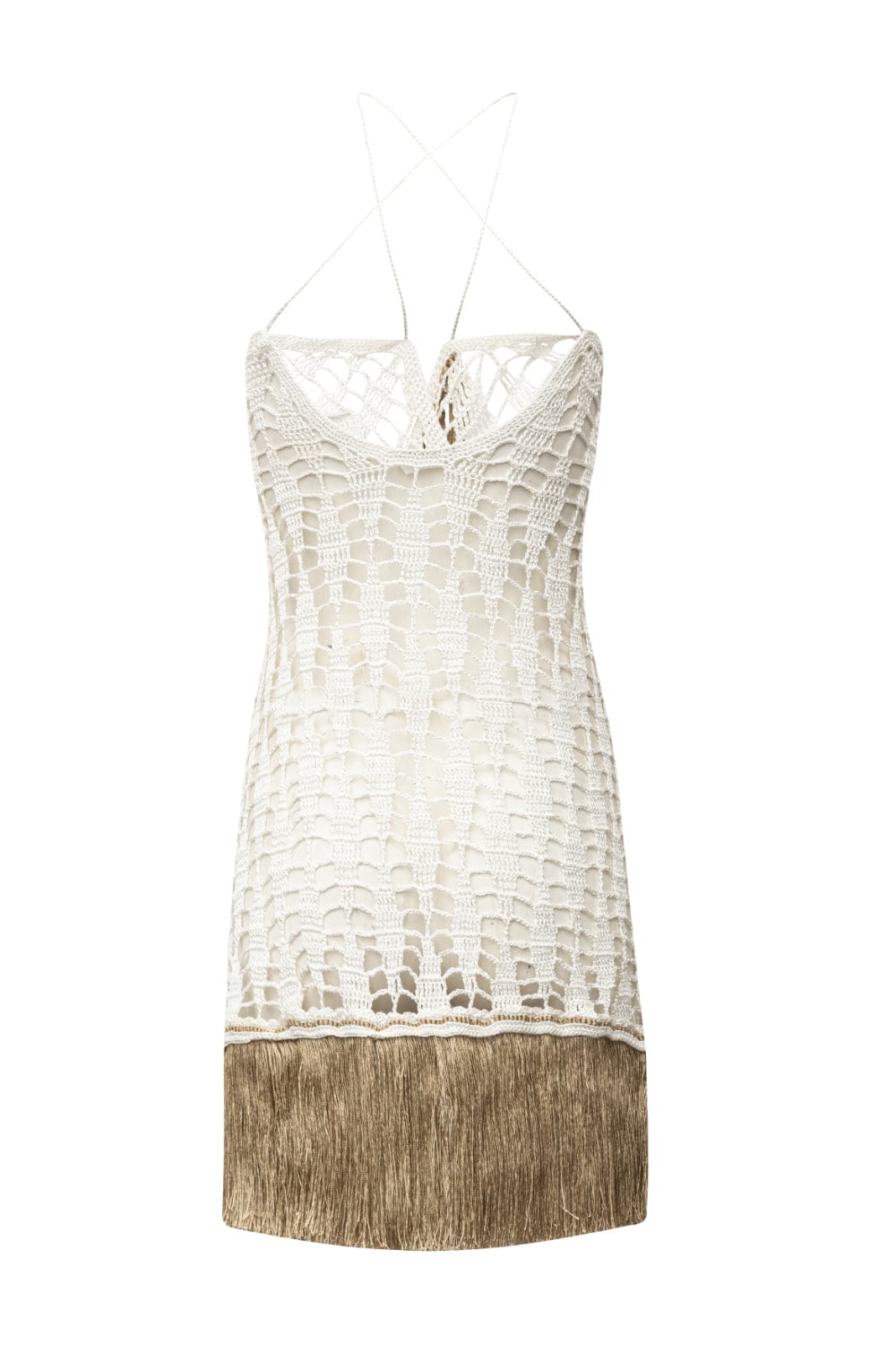 Andréa Almeida - Vestido Curto de Crochet Branco/Dourado