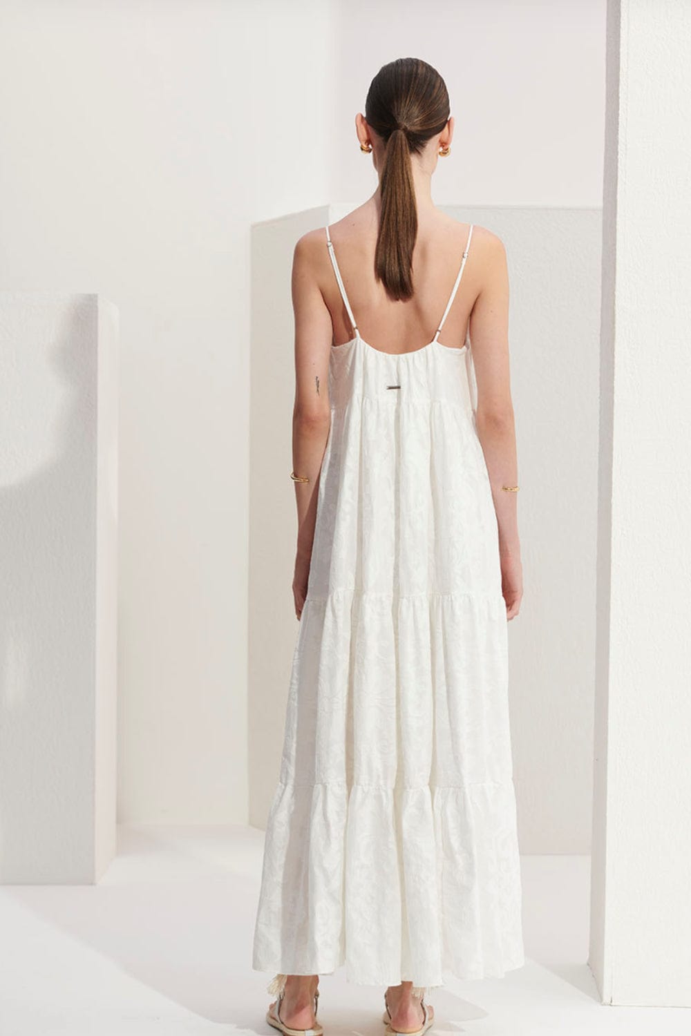 L'Cecci - Vestido Longo Alça Fina Jacquard Off White