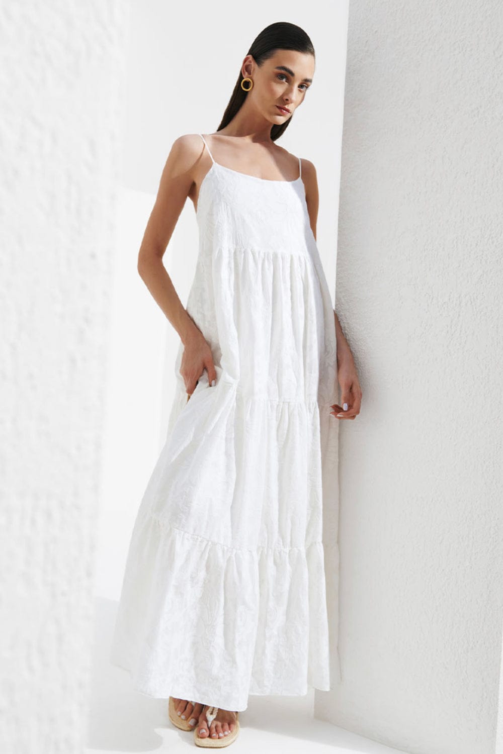 L'Cecci - Vestido Longo Alça Fina Jacquard Off White