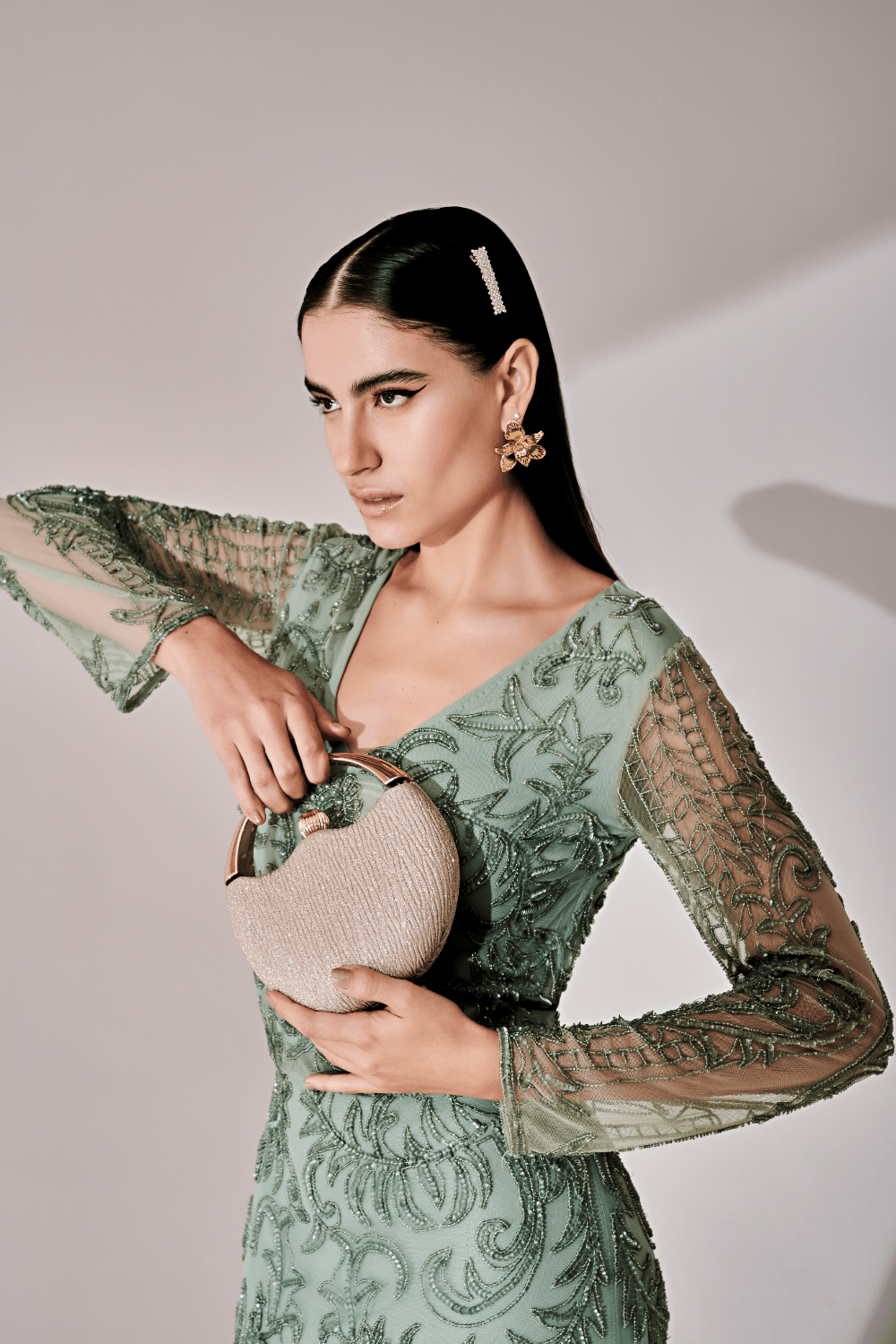 Marc Denis - Vestido Longo Bordado Manga Longa