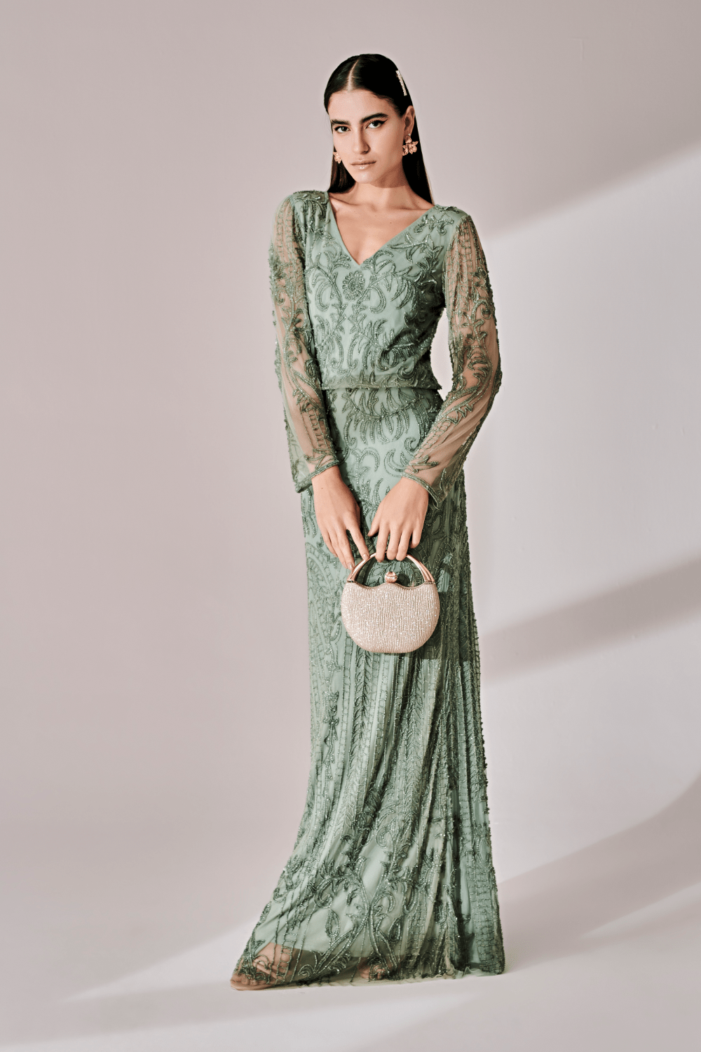 Marc Denis - Vestido Longo Bordado Manga Longa