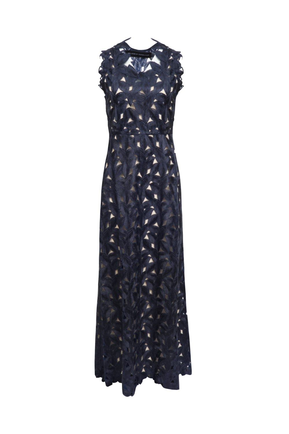 Glória Coelho - Vestido Longo Bordado com Folhas Azul Marinho