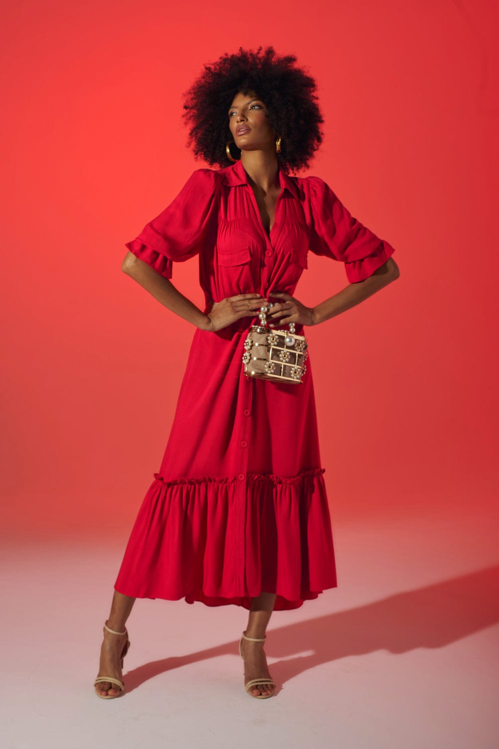 Lume - Vestido Longo Chemisier Babado com Manga Vermelho