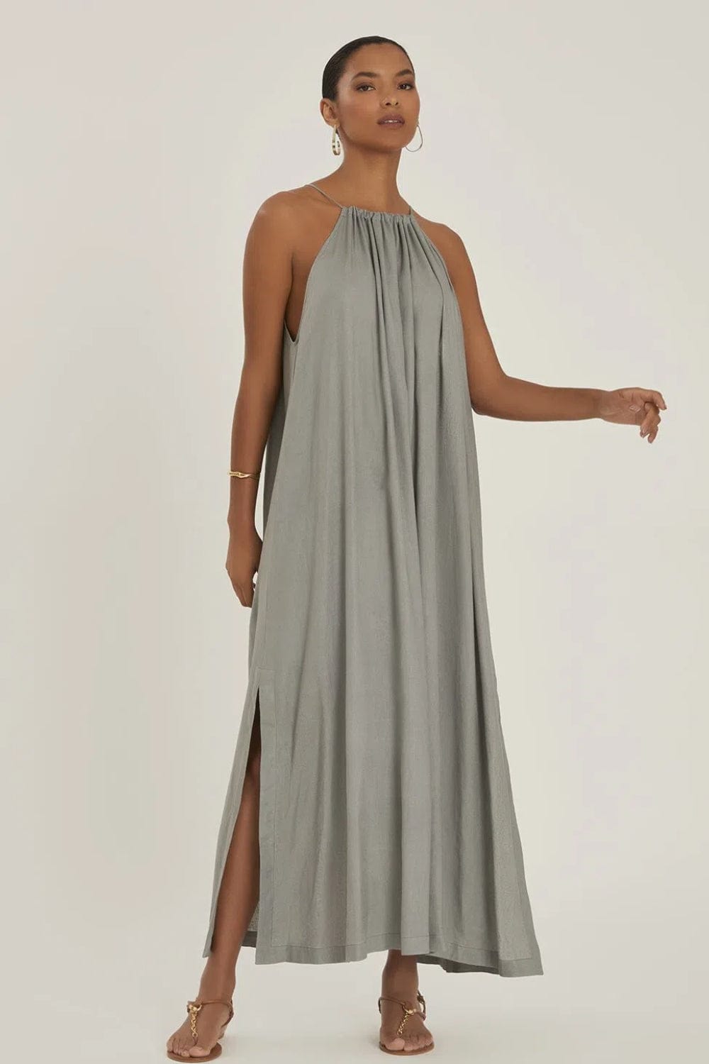 Lenny Niemeyer - Vestido Longo Decote Franzido Beton Cinza