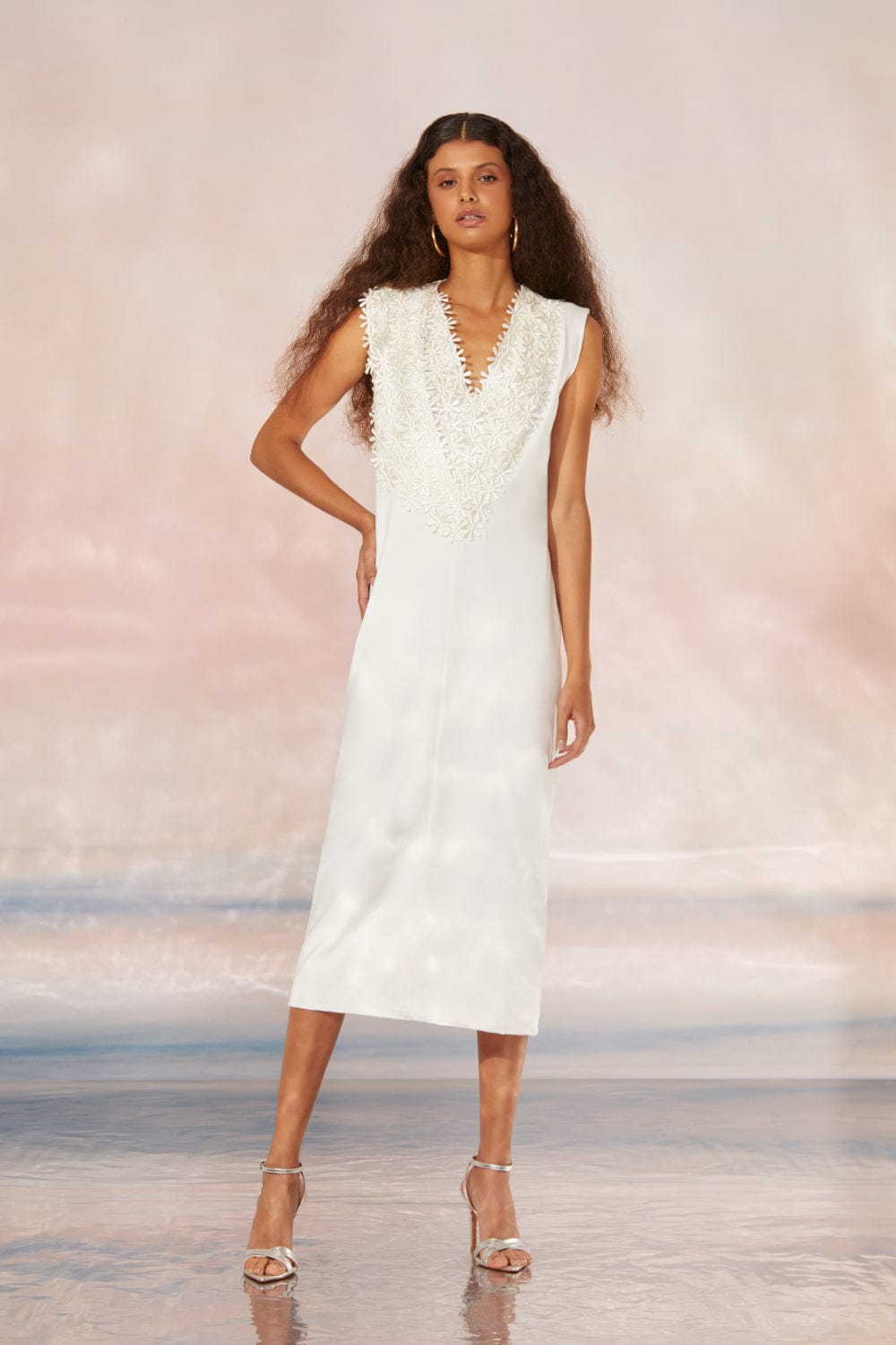 Glória Coelho - Vestido Midi Duplo com Aplicações Off White