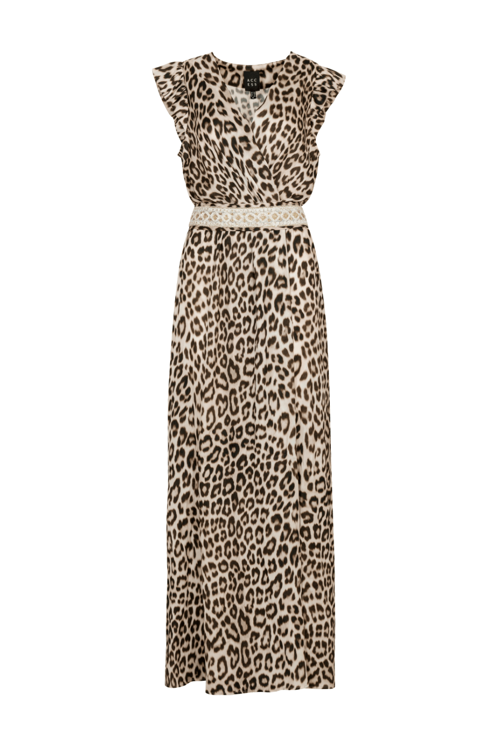 Access - Vestido Longo Envelope sem Mangas com Cinto Animal Print