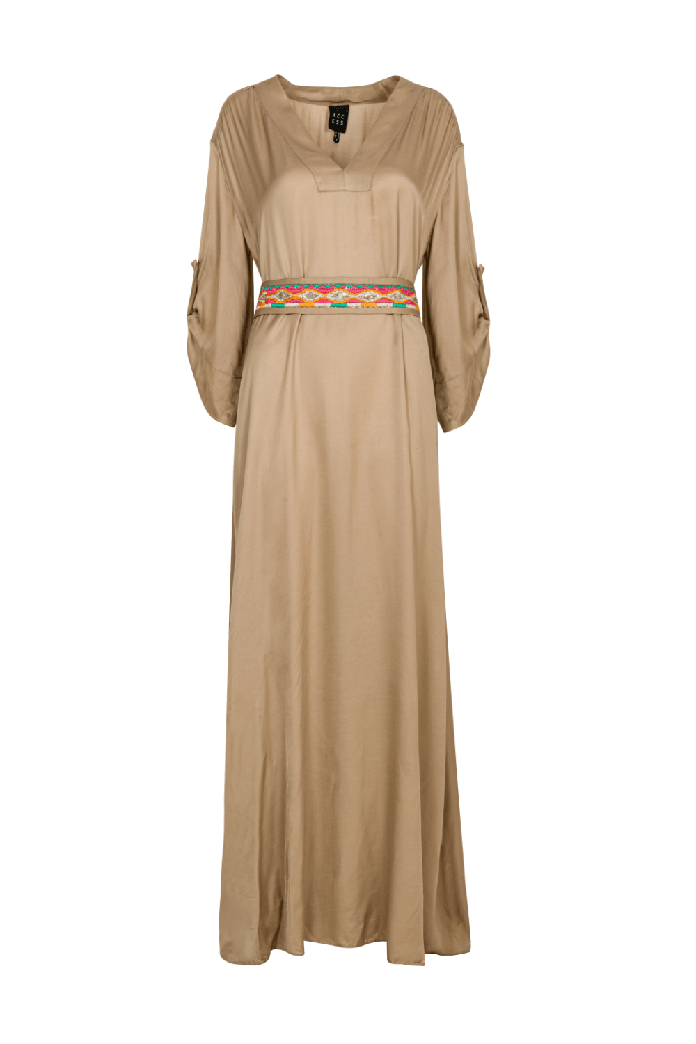 Access - Vestido Longo Manga 3/4 com Cinto Bege