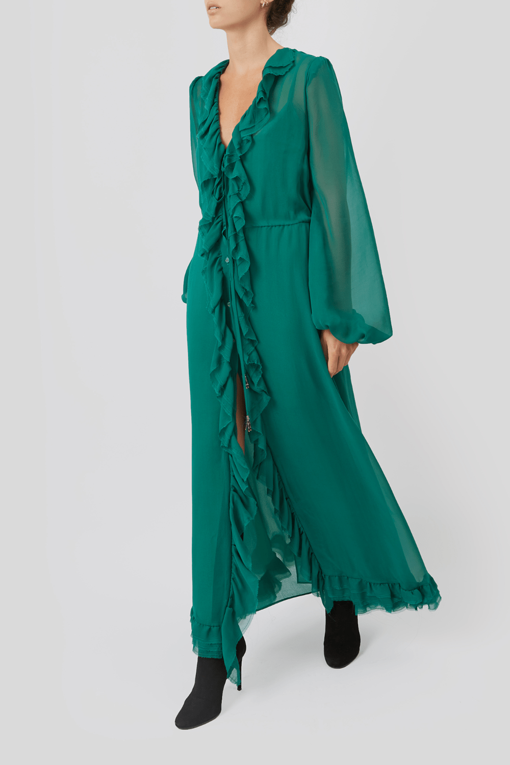 ANT - Vestido Longo Manga Longa Seda Verde