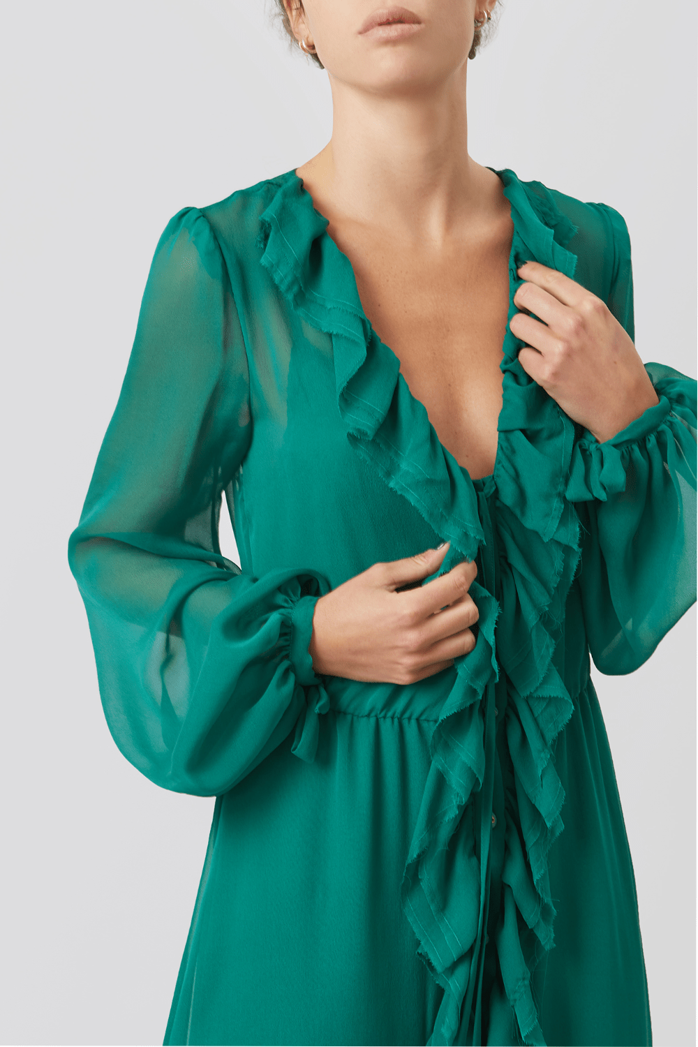 ANT - Vestido Longo Manga Longa Seda Verde