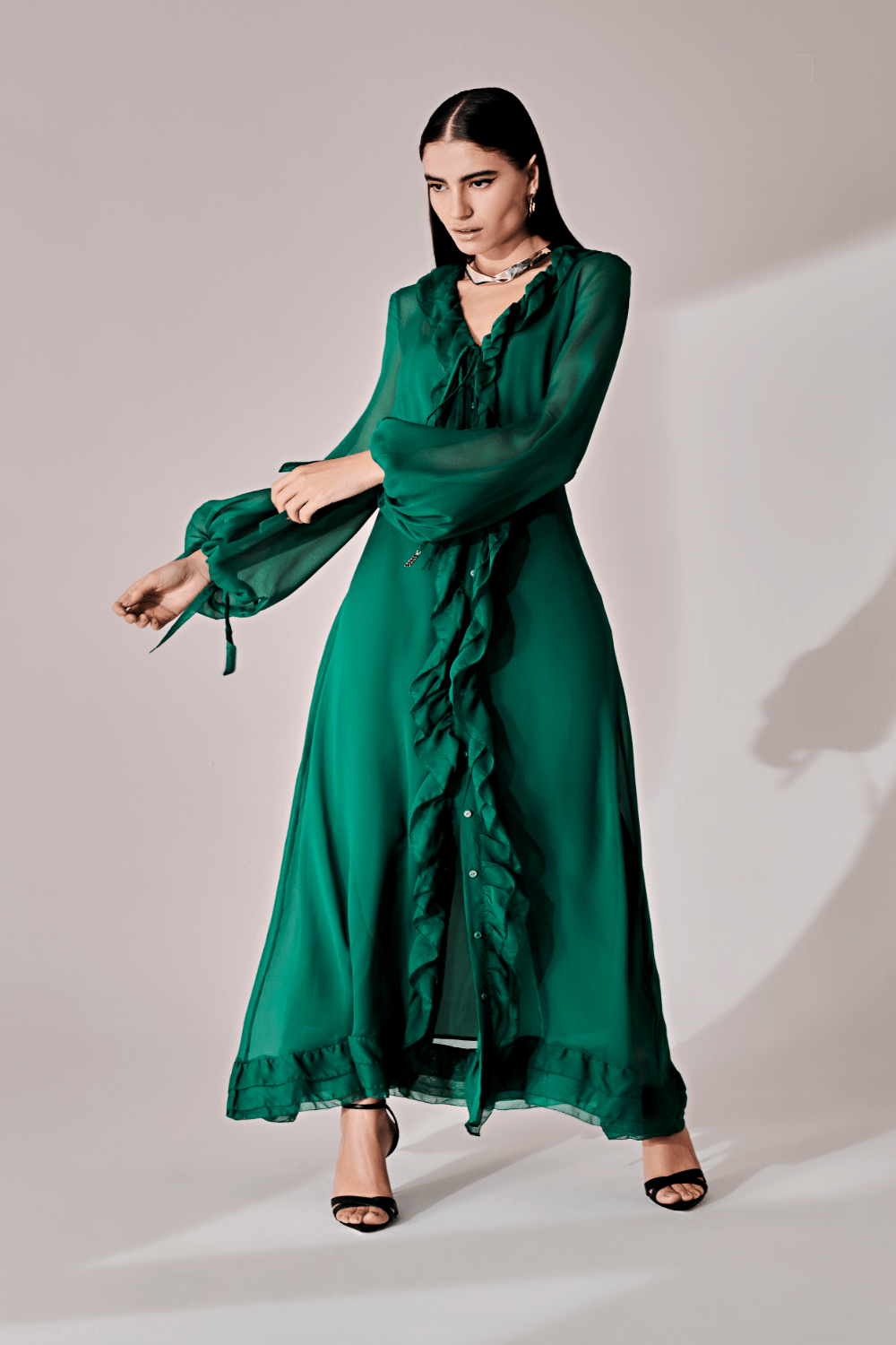 ANT - Vestido Longo Manga Longa Seda Verde