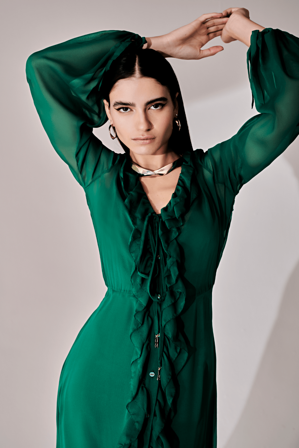 ANT - Vestido Longo Manga Longa Seda Verde