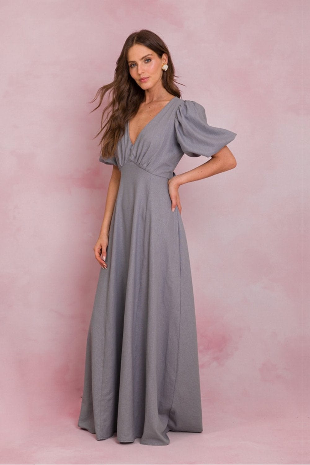 Lalibela - Vestido Longo Rosalie Detalhe Costas Viscolinho Cinza