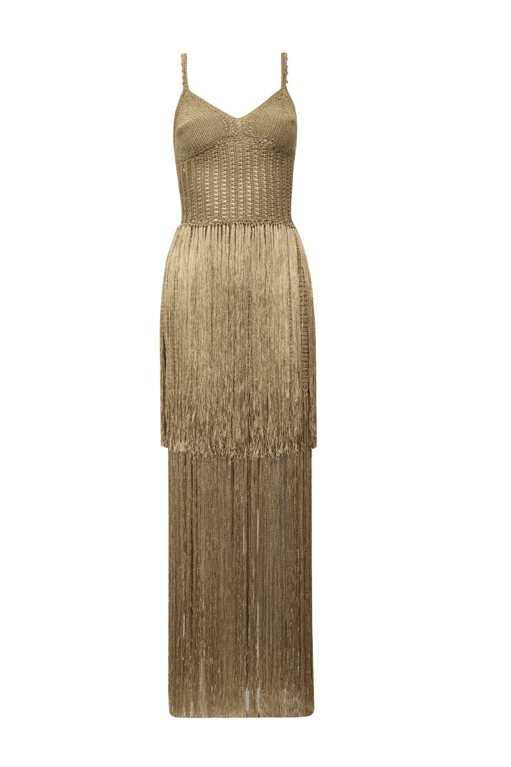Club - Vestido Longo de Crochet com Franjas Dourado