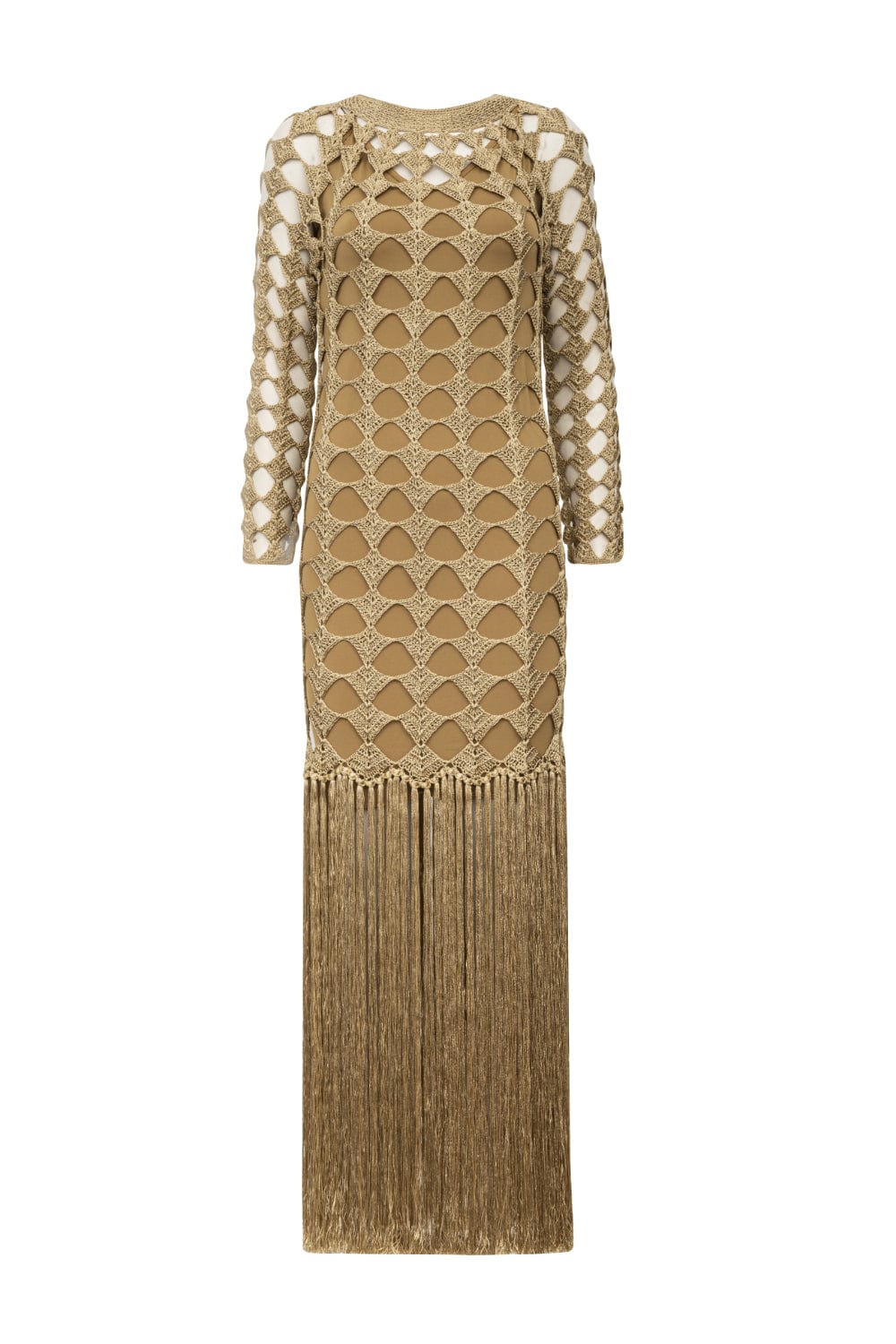 Andrea Almeida - Vestido Longo de Crochet e Franjas Dourado