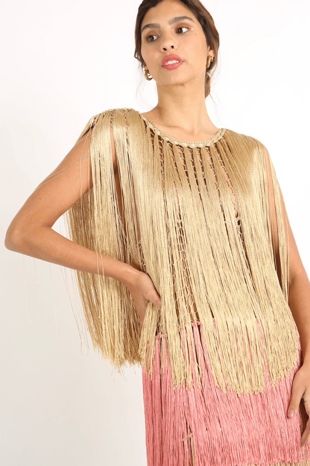 Andrea Almeida - Vestido Longo de Franjas Multicolor Crochet Multicor