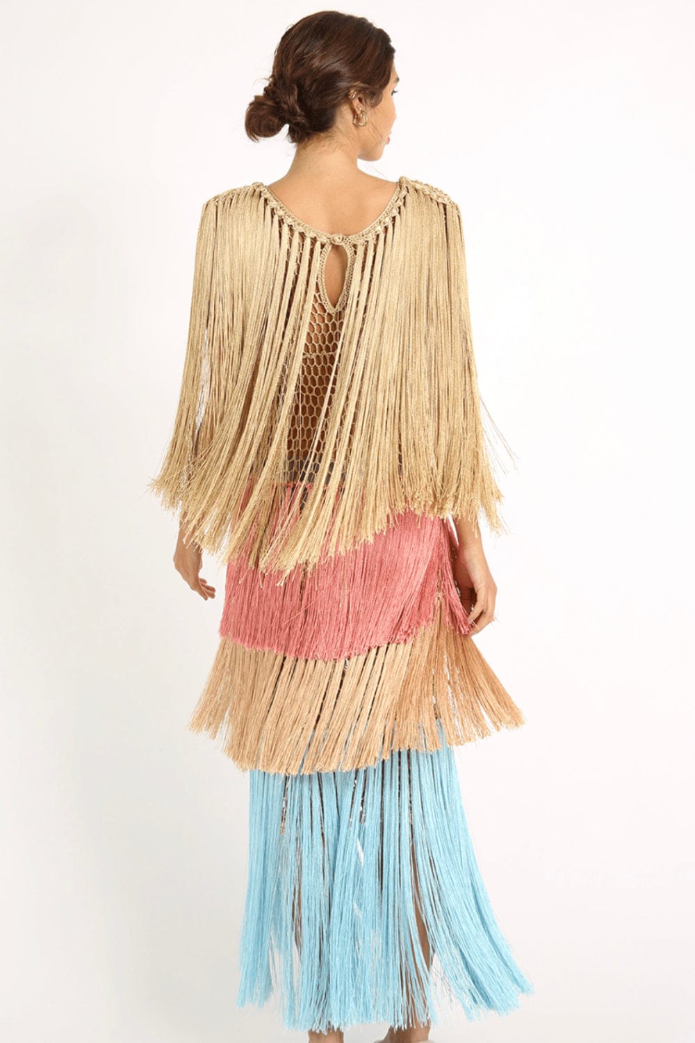 Andrea Almeida - Vestido Longo de Franjas Multicolor Crochet Multicor