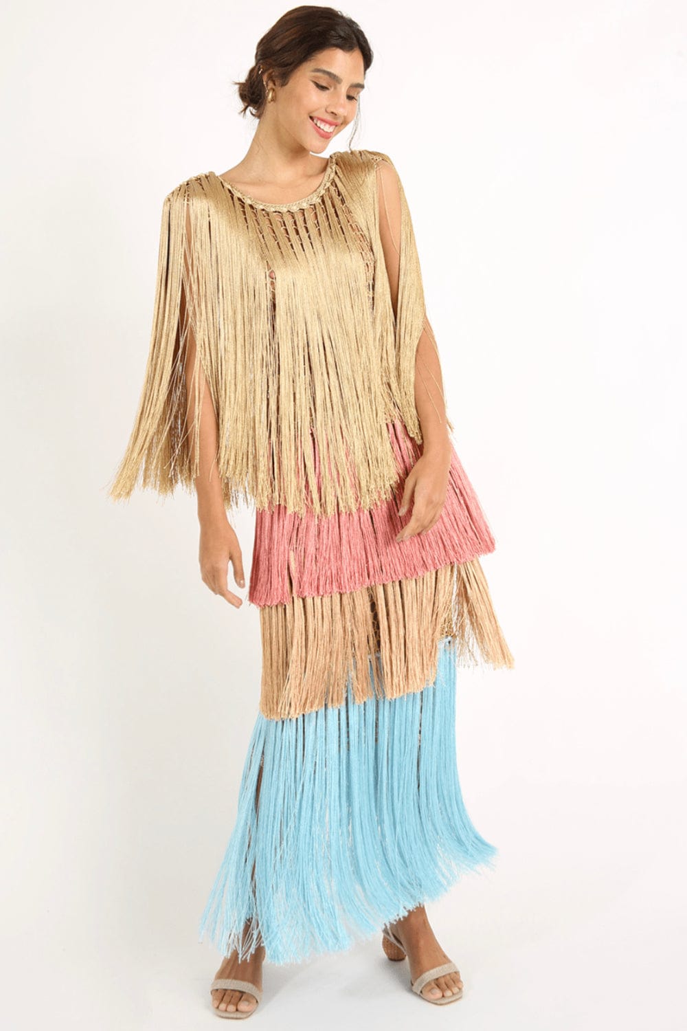 Andrea Almeida - Vestido Longo de Franjas Multicolor Crochet Multicor