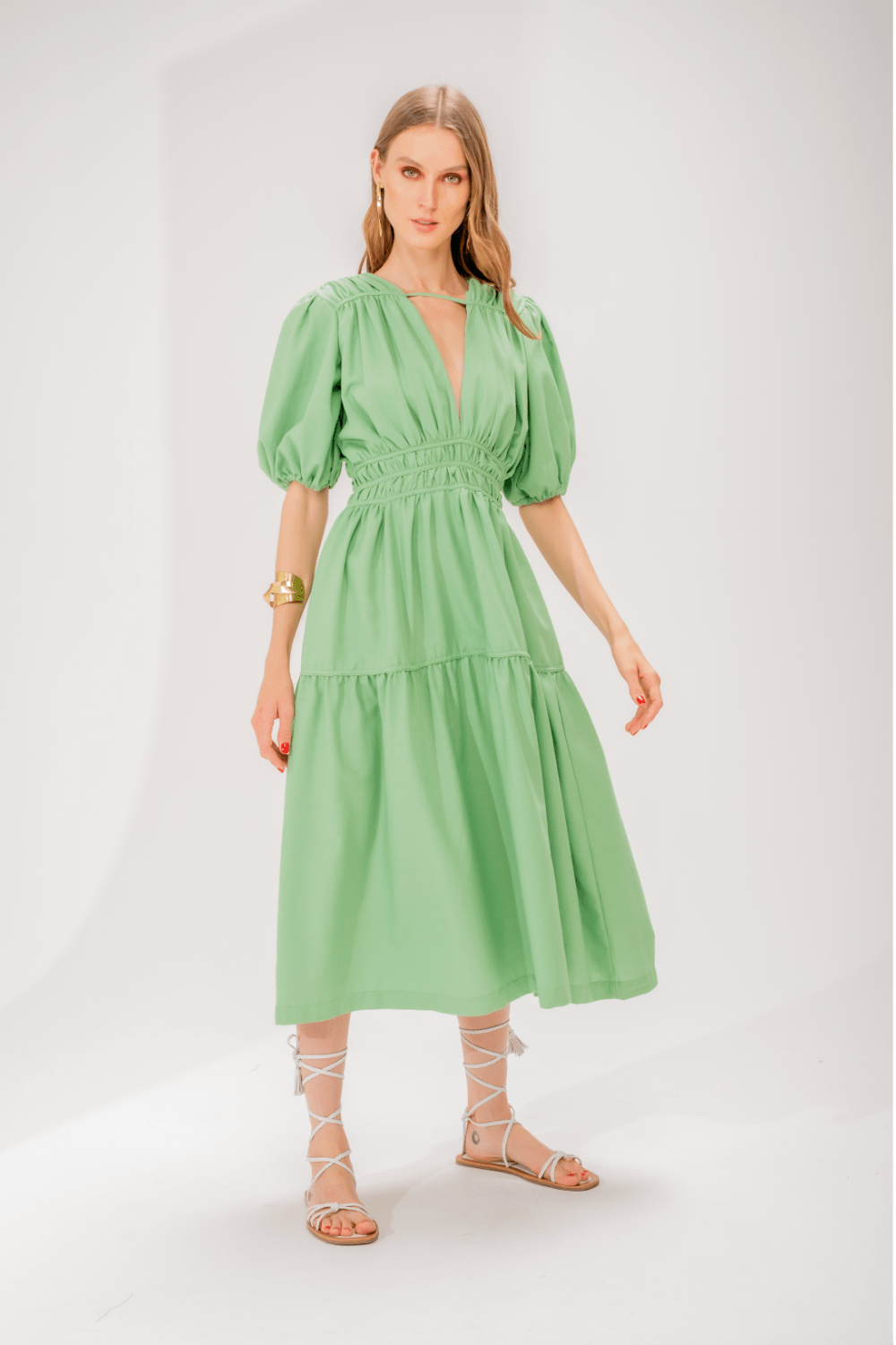 Lalibela - Vestido Midi Longuete Canebiers Viscolinho Verde