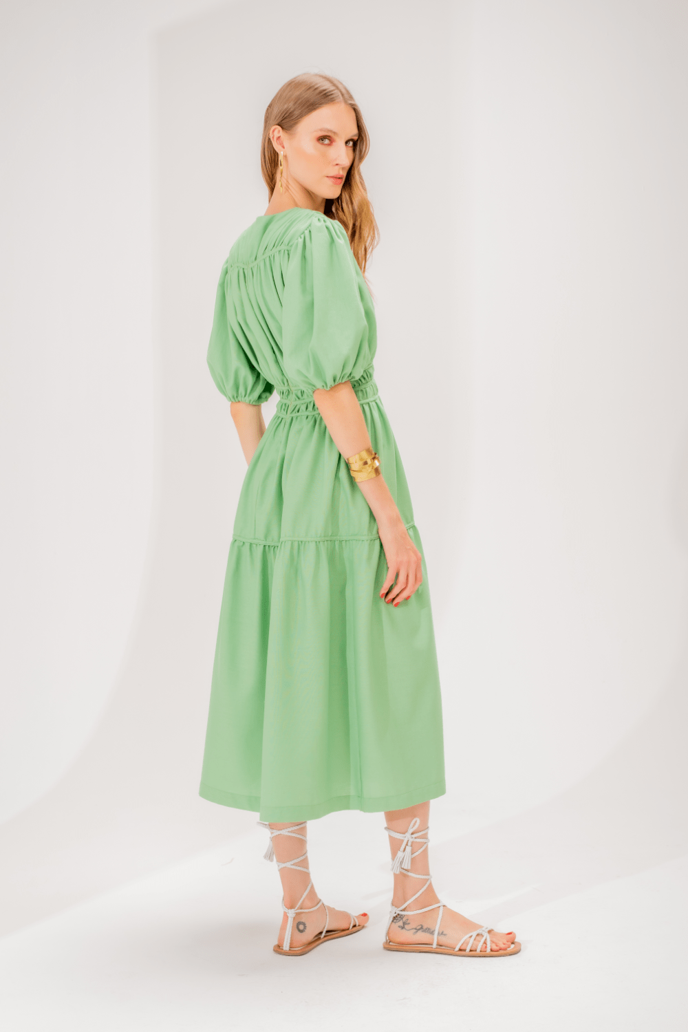 Lalibela - Vestido Midi Longuete Canebiers Viscolinho Verde