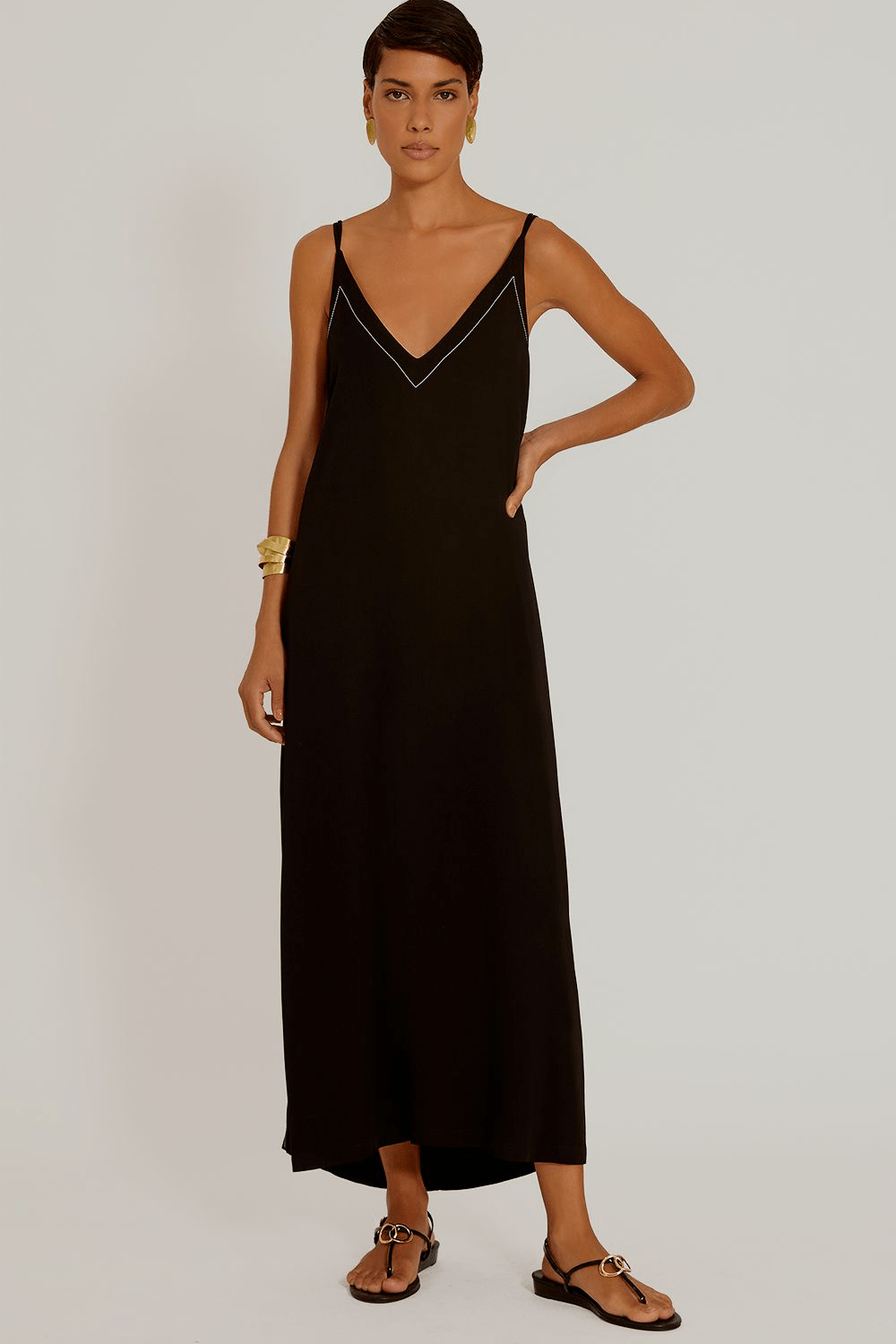 Lenny Niemeyer - Vestido Midi Alça Detalhe Pesponto Preto