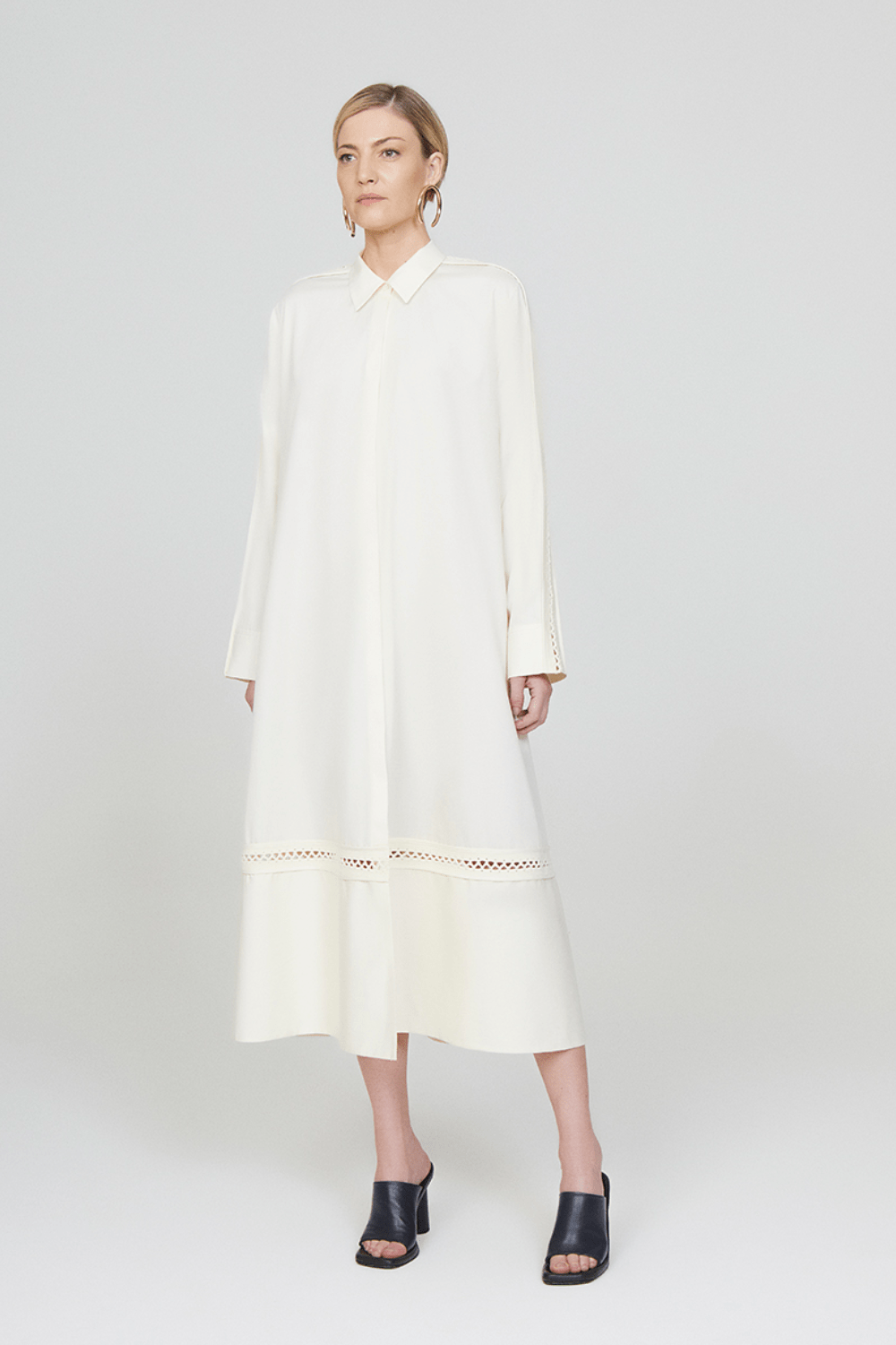 Coven - Vestido Midi Chemisier Manga Longa Off White