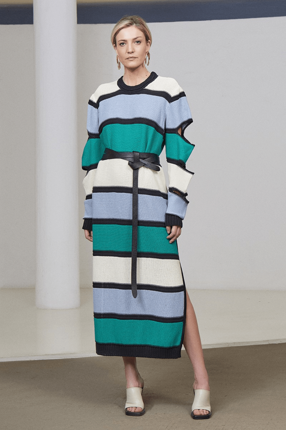 Coven - Vestido Midi Listrado Aberturas Multicolor