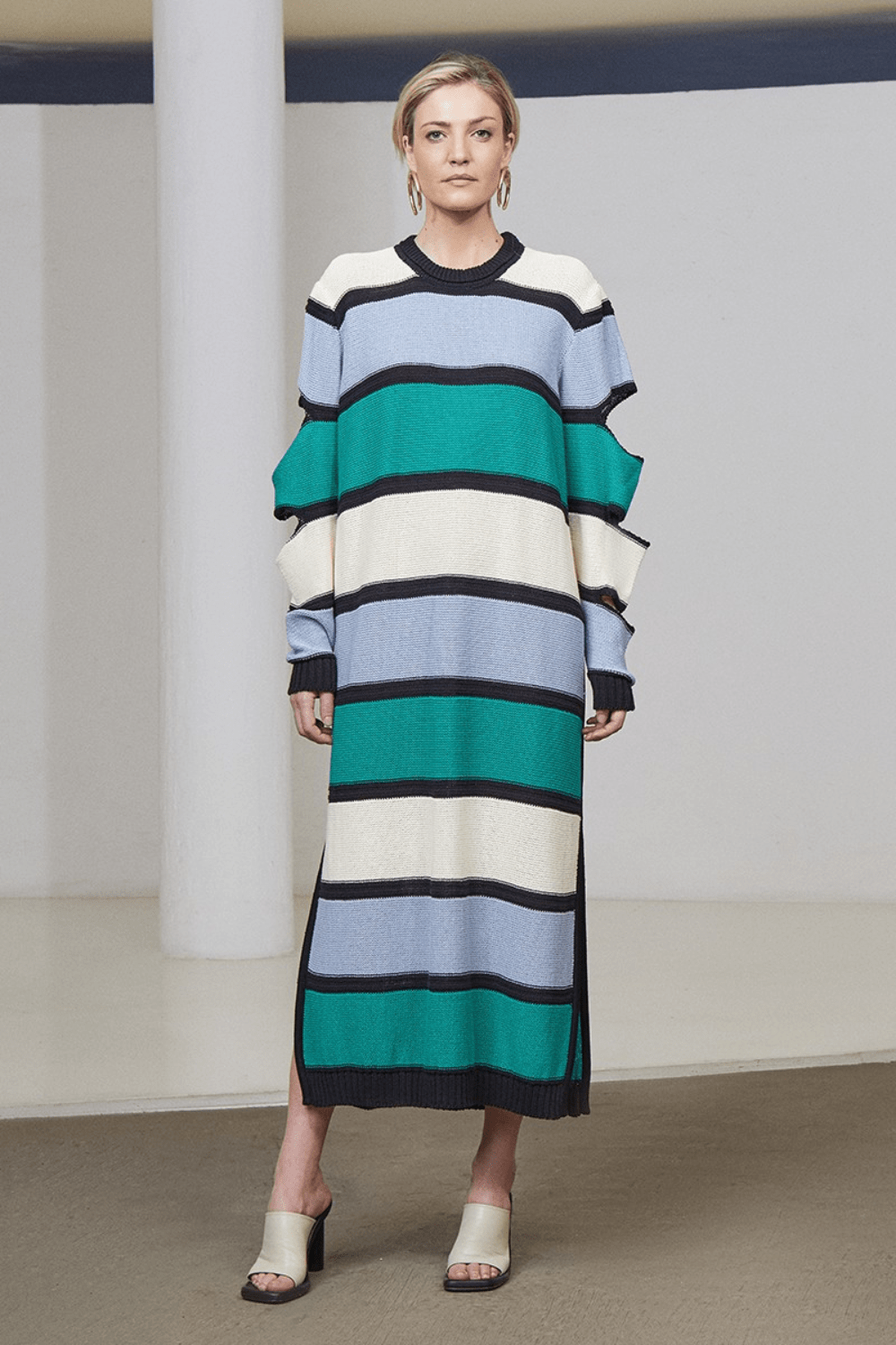 Coven - Vestido Midi Listrado Aberturas Multicolor