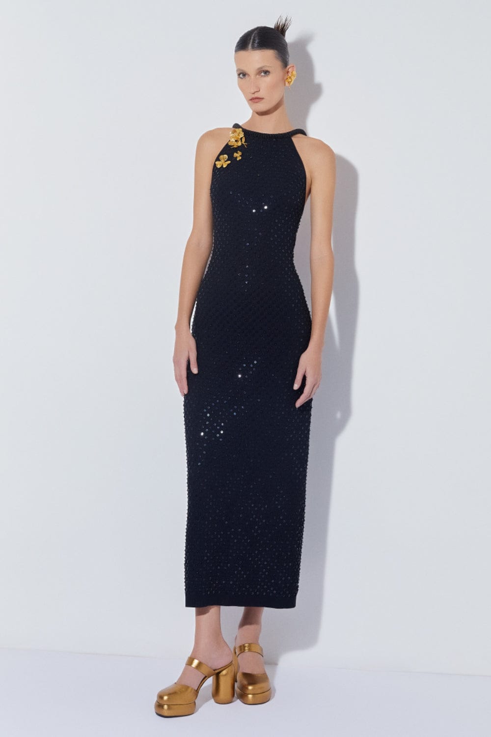 Coven - Vestido Midi Poá Paetês Preto